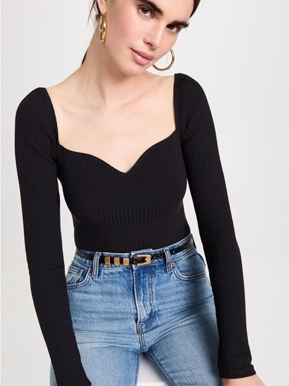 Reformation Black Ribbed Sweetheart Long-Sleeve Top